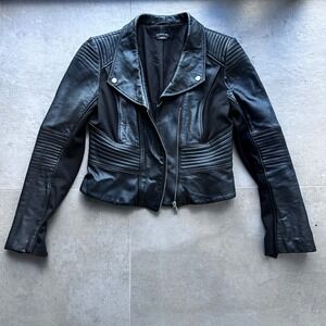 Y2K Bebe Leather Moto Jacket Womens M Black Ribbed Spandex Panels Chic Biker EUC